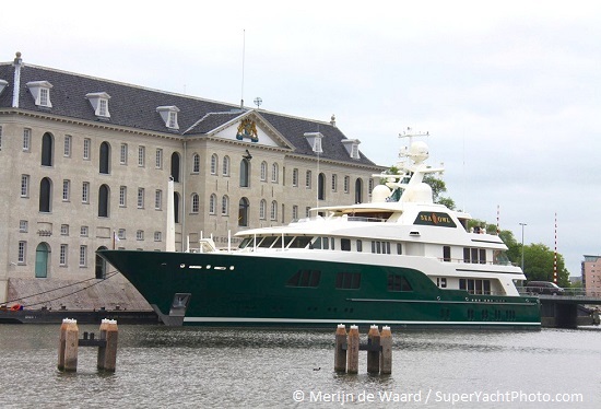 Superyacht Sea Owl docks in the centre of Amsterdam