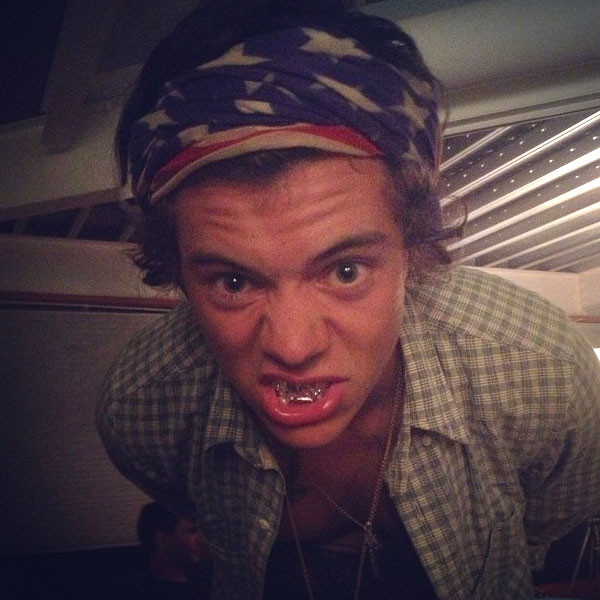 Harry Styles Wears a Grill, American Flag Bandana and Gold Chains—See the Pic