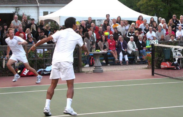 Joachim Nierfeld, left, and Ken Cheung in action at the Celebrity Tennis Classic