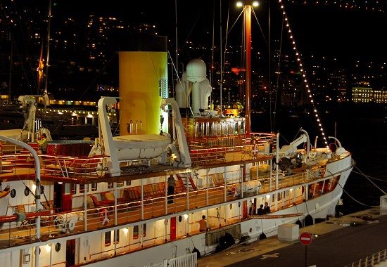 The 1921 superyacht Delphine at night