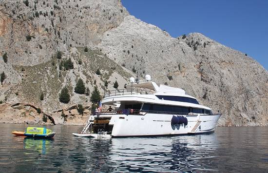 Superyacht Nomi in Saint George Bay on Symi